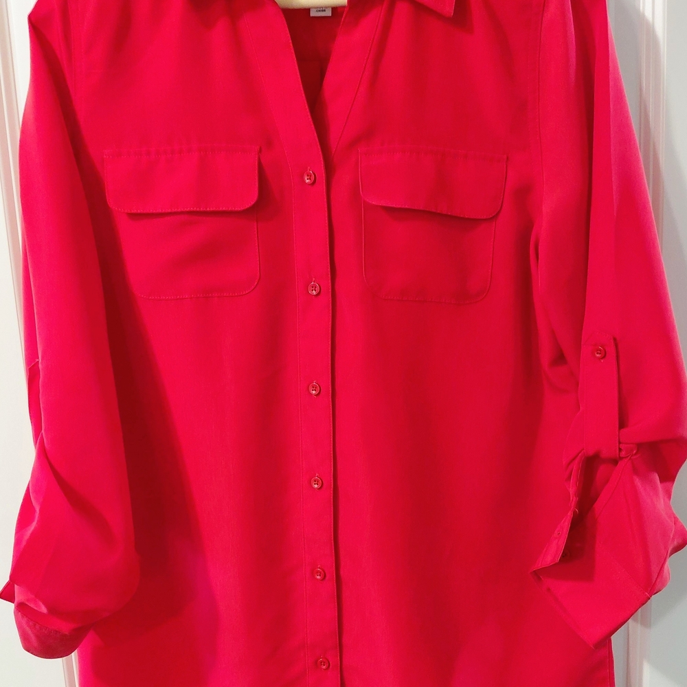 Bright Pink Button-Front Blouse with Chest Pockets